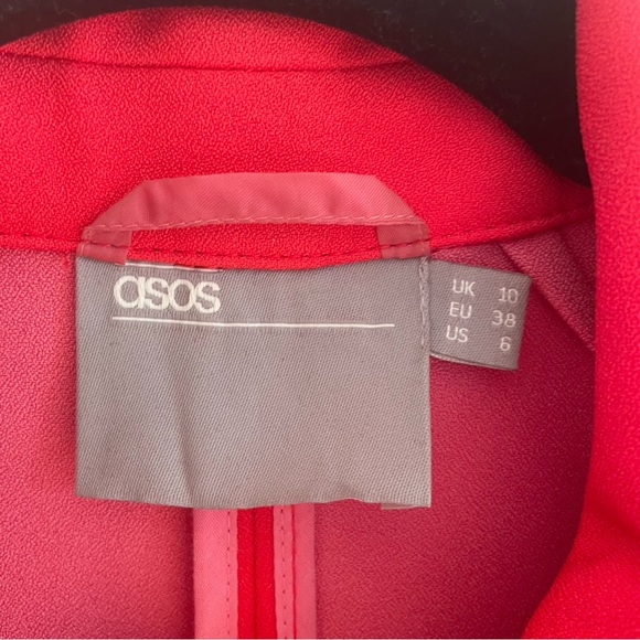 ASOS DESIGN Petite Frill Bonded Red Pink Ruffle Double Breasted Trench Coat 6 - Picture 5 of 14